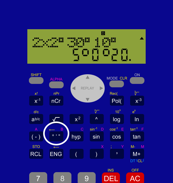 localização do botão de cálculos de graus, minutos e segundos na calculadora