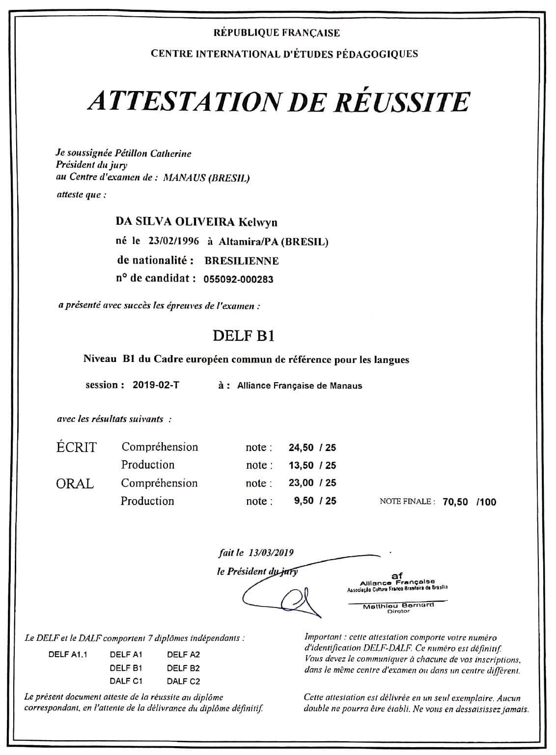 Attestation de réussite do DELF B1