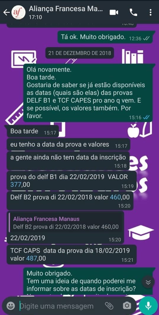 Conversa no whatsapp com a Aliança Francesa sobre a prova do DELF – print 1