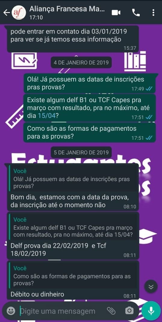 Conversa no whatsapp com a Aliança Francesa sobre a prova do DELF – print 2