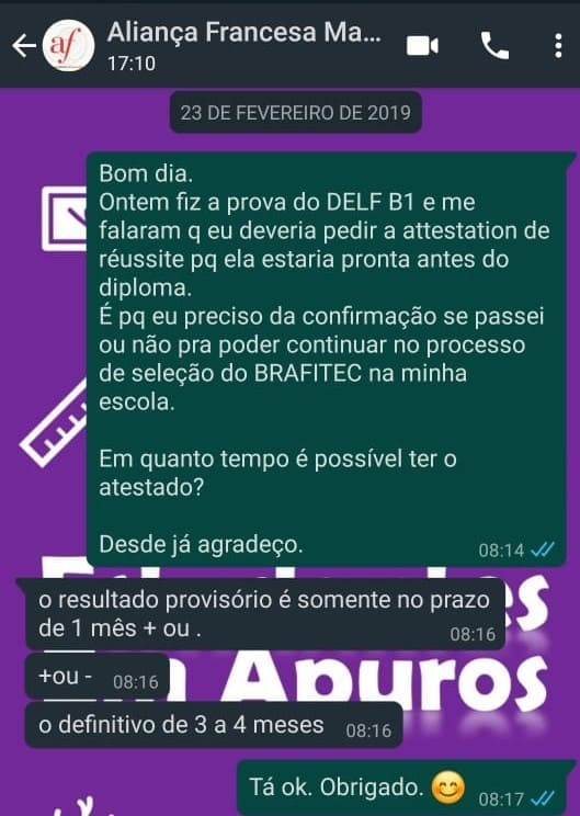 Conversa no whatsapp com a Aliança Francesa sobre o resultado da prova do DELF – print 1