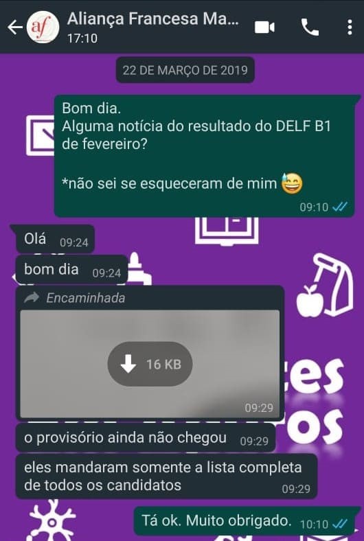 Conversa no whatsapp com a Aliança Francesa sobre o resultado da prova do DELF – print 2