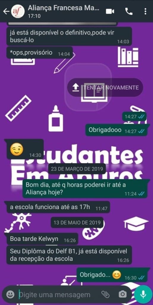 Conversa no whatsapp com a Aliança Francesa sobre o resultado da prova do DELF – print 3