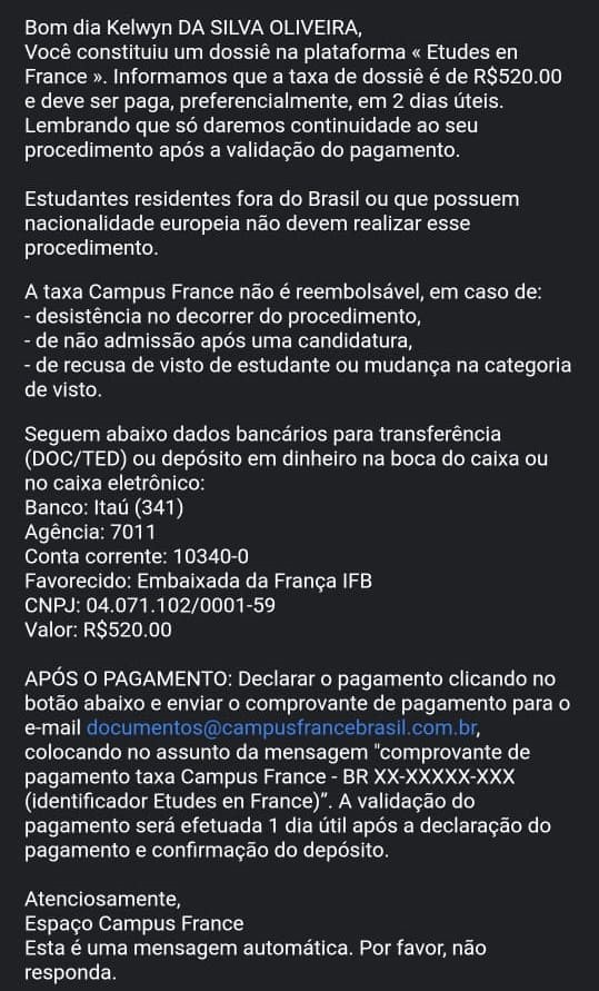 E-mail sobre o pagamento do boleto de submissão ao campus france