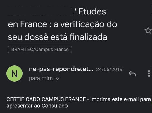 E-mail de confirmação da aprovação do campus france