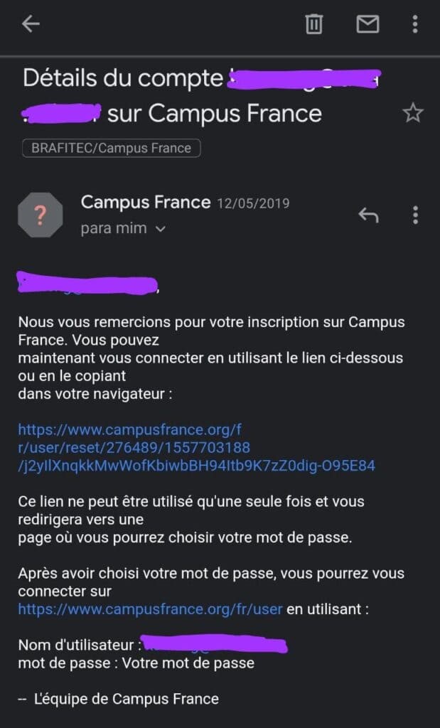 Email de confirmação de abertura de conta pessoal no campus france