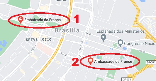 Mapa de Brasília mostrando as duas embaixadas que aparecem no mapa do google