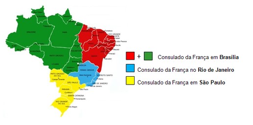 Mapa do Brasil mostrando onde cada embaixada é responsável de acordo com as regiões